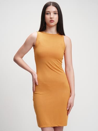 Image of Tokyo Talkies Women's Elegant Vertical Stripes Self-Design | Round Neck Sheath Dress | Ribbed Short Sleeves & Bodycon Fit for a Chic Look