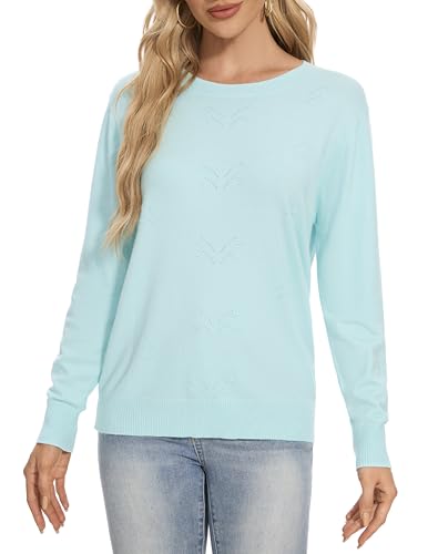 Image of Betu Women's Long Sleeve Ribbed Sweaters Cyan Crewneck Embroidered Slim Fit Knit Pullover Tops, 511 XL