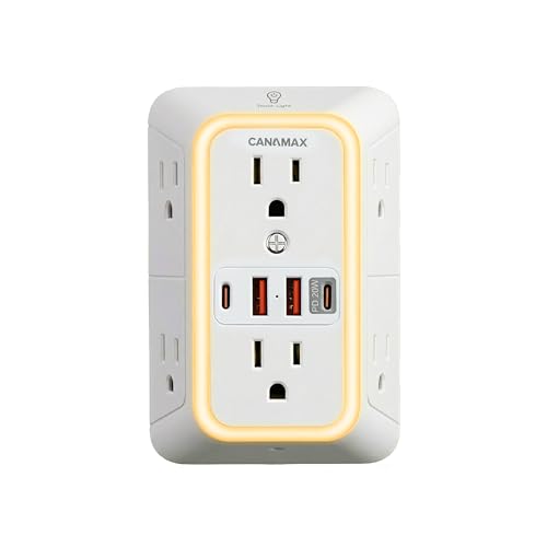 Image of Multi Plug Wall Outlet Extender - 6 Outlet Splitter & 4 USB Ports with Fast Charging Type C PD 20W, Smart Night Light, 3 Side Power Strip 1050J Protector