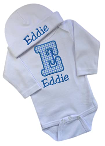 Funny Girl Designs Personalized Embroidered Baby Boys Initial Bodysuit with Matching Hat and Custom Name