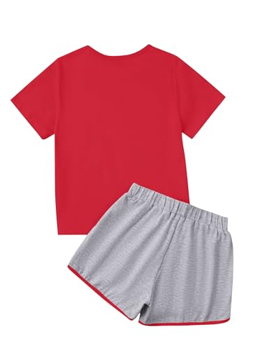 Image of Girl's 2 Piece Outfits Cute Summer T-Shirt and Graphic Shorts Clothing Sets Red Grey 7-8Y