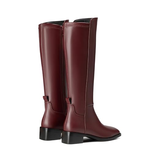 Image of vivianly Women's Knee-High Boots, Faux Leather Elastic Boots Low Heel Square Toe, Side Zipper Tall Boots