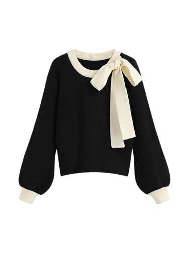 CIDER Knit Sweater Women Trendy Bow Crew Neck Long Sleeve Contrasting Pullover Oversized Fall Sweaters Top