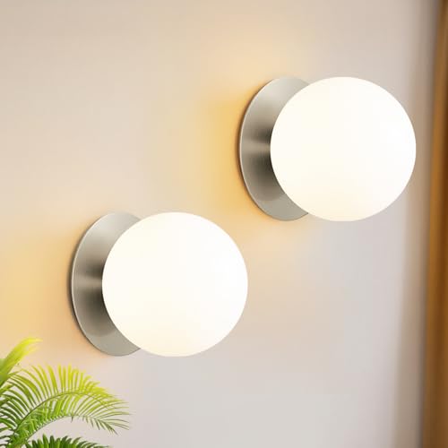 Image of 2 Pack Modern Brushed Nickel Wall Light Fixtures, Mid-Century Globe Glass Wall Sconces Set of Two for Bathroom Mirror, Living Room, Hallway, Entryway (Bulbs Not Included)