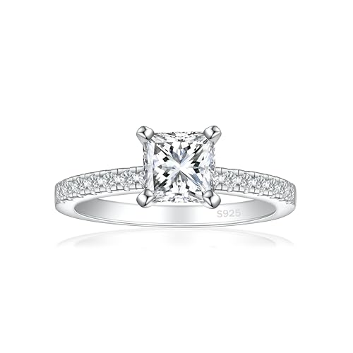 JALOKIVI Anillos de boda solitarios de plata de ley 925 con halo de corte princesa y circonita cúbica para mujer, talla 4-12, Plata de ley, Circonita cúbica