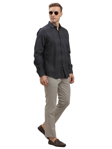 Image of Turtle Men Cotton Tencel Slim Fit Printed Navy Formal Shirt