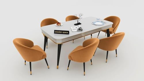 Image of WOODEN SPACE 6-Seater Wooden Dining Table Set | Nano Composite Marble Top | Solid Wood Base | Modern Dining Room Furniture with 6 Chairs (Mustard)
