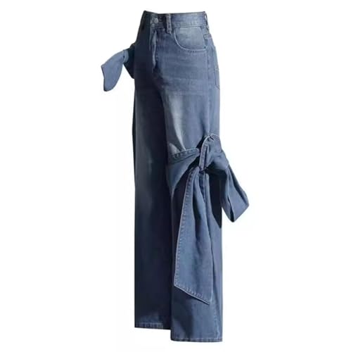 HGps8w Women's Chic Huge Bow Tie Straight Leg Jeans High Waisted Stretchy Lightweight Denim Pants with Pockets3
