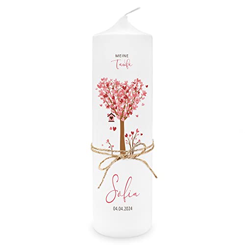 Liluna® Taufkerze Mädchen Lebensbaum - Baum Herzen rosa personalisiert mit Namen & Taufspruch, online selbstgestalten, inkl. Jutebandverzierung