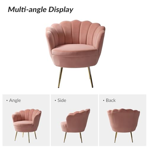 Image of HULALA HOME Modern Velvet Accent Chair with Shell Shaped Back, Cute Living Room Bedroom Armchair Sofa Chair with Gold Legs, Comfy Upholstered Vanity Chair for Makeup Room, Pink