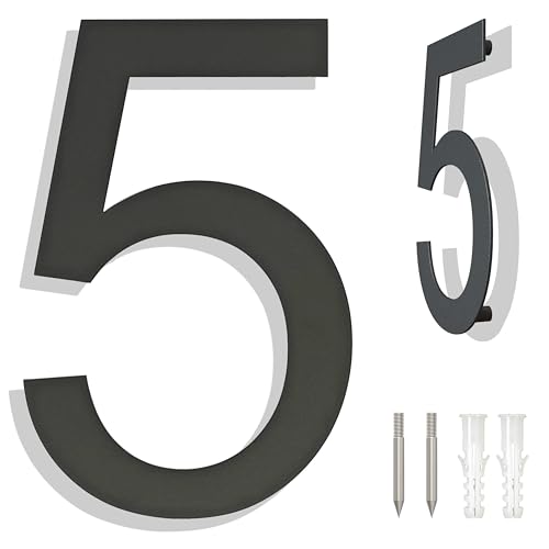 Ywonoby Hausnummer Edelstahl - RAL 7016 Anthrazitgrau - Moderner Schwebender Aussehen und Einfache Installation - Höhe 15.2 cm - Arial Ziffer 5