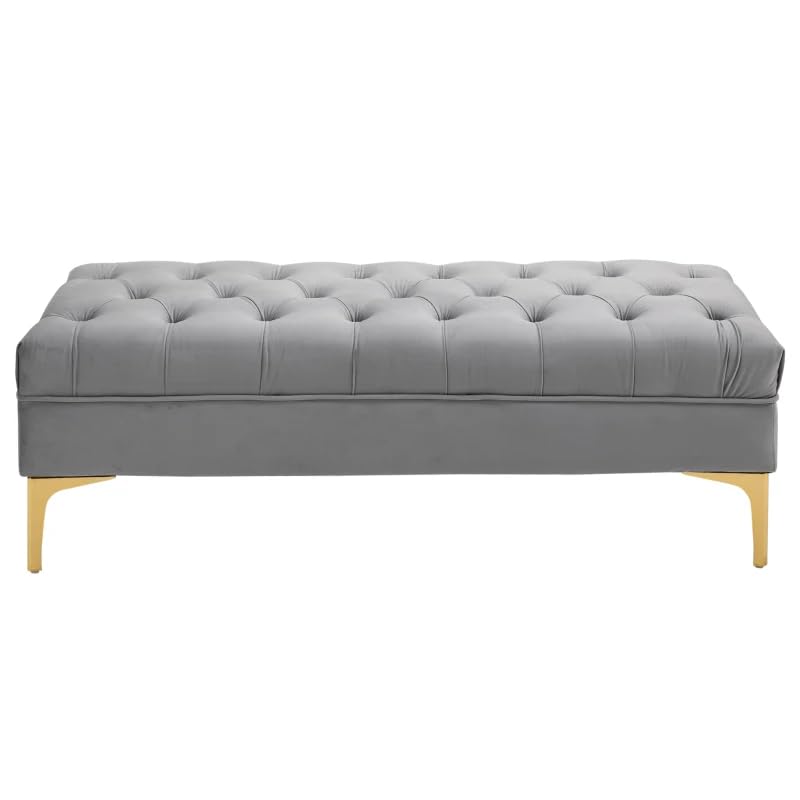 Image of Modern Velvet Tufted Ottoman Upholstered | Upholstered Long Ottoman for Bedroom, Living Room, Entryway & End of Bed Seating | Luxury Accent Furniture, Padded Cushion Seat| Grey