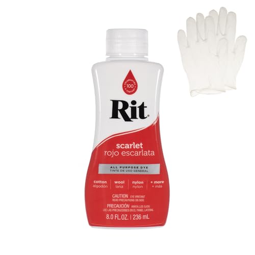 Rit Dye – Liquid Fabric Dye for Crafting, Clothing, and Décor – 8 oz. Bottle – Scarlet Red (Gloves Included)