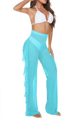 Image of Jumppmile Women's Ruffle Sheer Mesh Swimwear Bikini Cover Up Pants See Through