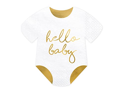 Party Deco Lot de 20 serviettes de table pour fête prénatale en forme de barboteuse avec inscription « Hello Baby » Doré/blanc