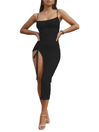 Image of Nimsruc Womens Sexy Summer Dresses Spaghetti Strap Thigh-high Slit Ruched Bodycon Maxi Club Cocktail Party Dress