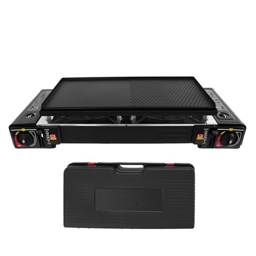 2 hornillos de camping, 2100 – 2500 W, hornillo de gas portátil para camping, 100 g/h, hornillo de gas doble con bandeja de barbacoa y maletín de almacenamiento, para barbacoas en la terraza