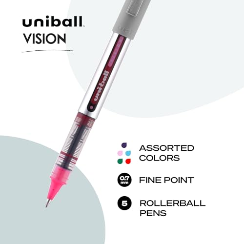 uni-ball Vision Rollerball Pens, Fine Point (0.7mm), Fashion Colors, 5 Count