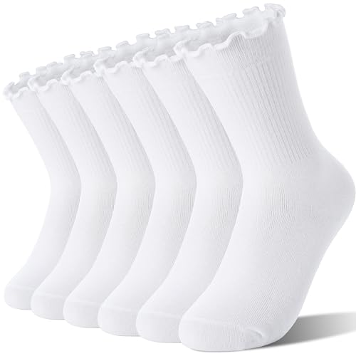 Welwoos Girls Kids White Ruffle Socks Uniform School Dress Frilly Cotton Crew Gifts Socks 6 Pairs Stocking Stuffers(White5-8 Years)