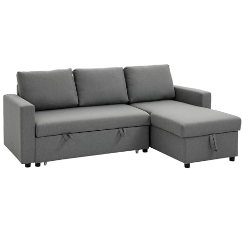 HOMCOM Divano Letto 3 Posti e Penisola con Vano Contenitore, Divano in Tessuto Effetto Lino con Cuscini Sfoderabili, Grigio Chiaro