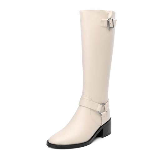 Women's Knee-High Boots, Round Toe Low Heel Knee High Boots for Women, Fashion Side Zip Knee High Bootie, Buckle Solid Knee High Boot for Daily Office Party