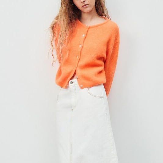 Image of Women Button Down Cardigan Long Sleeve Crewneck Sweater Vintage Lightweight Knit Jacket Fall Going Out Top