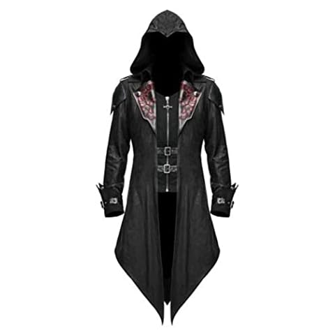 AMbAyZ Men's Jacket Assassins Creed Costume Vintage Medieval Gothic Leather Jacket Robe Hoodie Cloak Cladding for Festival Carnival Carnival Cosplay Party Köln Game Show,black,XL Cover