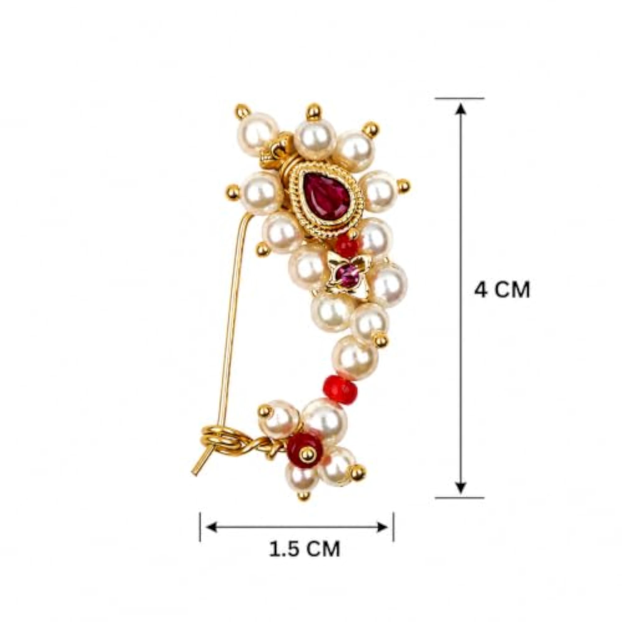 Maharashtrian Pink Stone & Pearl Stud Nose Pin for Bride