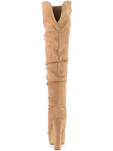 Allegra K Allegra K Women's Platform Round Toe Zipper Slouch Heel Khaki Over the Knee Thigh High Boots 6.5 M US