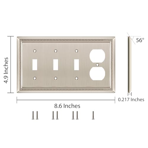 Image of Henne Bery Sunken Pearls Heavy Duty Decorative Wall Plate Switch Plate Outlet Cover (Triple Toggle /Single Duplex, Satin Nickel)