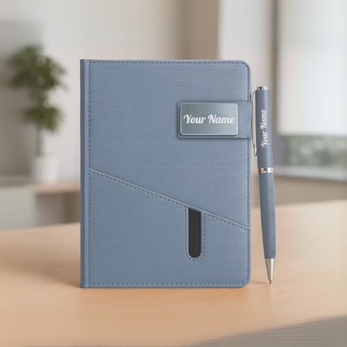 Image of Giftana Personalized Jute Diary with Pen Gift Set, Customized 2 in 1 Organiser Office Diaries Notebook A5 Size, Diwali Corporate Gifts for Employee (Grey)