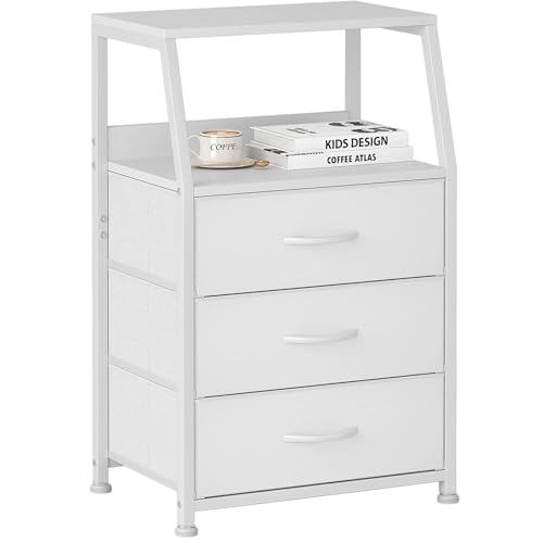 Mesita de noche con 3 cajones, cómoda blanca, marco de metal, mesa auxiliar de 2 niveles, cómoda de noche de madera, mini mesitas de noche, armario de almacenamiento, mesa de centro para salón