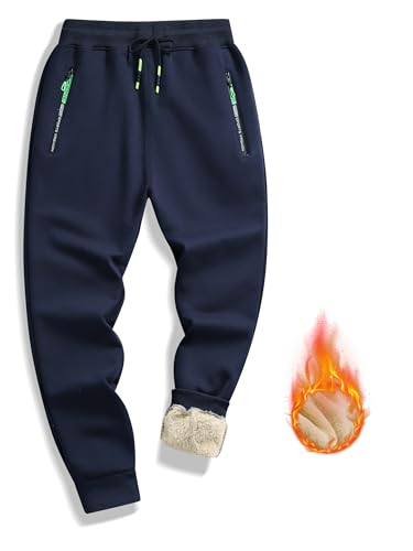 STICKON Mens Winter Warm Fleece Pants Sherpa Lined Athletic Sweatpants Jogger Sweat Pants with Zipper Pockets Blue XL
