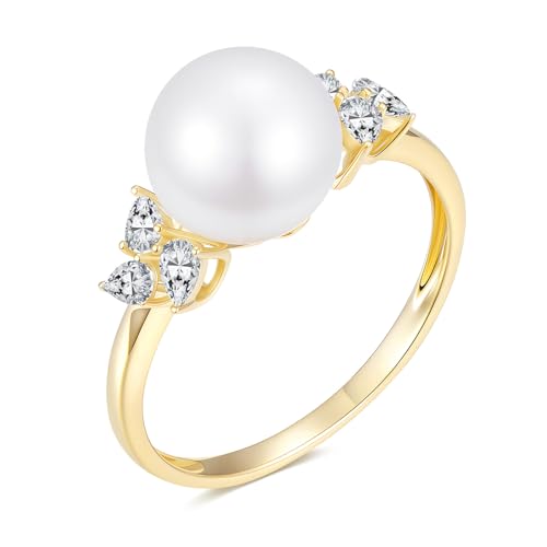 10K Solid Gold Pearl Wedding Ring for Women, Yellow Gold Moissanite 9mm Freshwater Pearl Flower Ring, June Birthstone Jewelry Gift Anniversary Birthday Christmas Gift for Her, Size 6-8