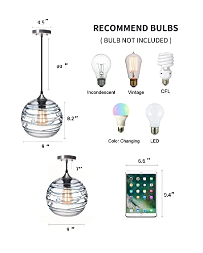 ARIAMOTION Pendant Lights Dining Room Coastal Lighting Fixtures Blue Stripe Seeded Glass Modern Style Ceiling Hanging Kitchen Island Beach House Sunroom Hallway Globe Lamp 9 Inch 2 Pack - Image 4