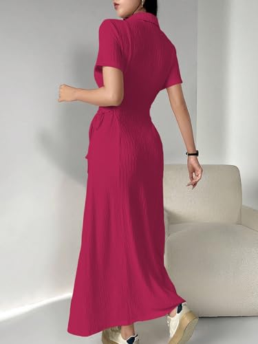 Image of Shasmi Women's Solid Color Applique Lace-Up Collared Short Sleeve, Side-Tie Waist Long Casual Maxi Women Dress Outfit Long Evening Midi Western Party Dress for Women (Dress 211)