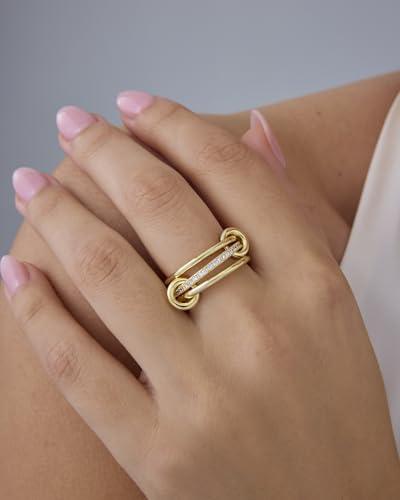 pavoi 14k gold plated interlocked stackable rings for women - statement mixed metals multi ring stack - cubic zirconia two-toned connected bands stacking jewelry