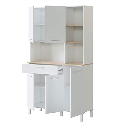 Alacena-de-Cocina-Aparador-Comedor-Mueble-Auxiliar-5-Puertas-1-Cajon-y-Estante-Interior-Acabado-en-Blanco-Artik-y-Roble-Canadian-Medidas-108-cm-Ancho-x-186-cm-Alto-x-40-cm-Fondo