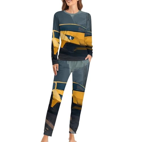 Conjunto de pijama amarillo de coche deportivo para mujer, pijama de manga larga y pantalones con bolsillos, ropa de descanso, Estilo:, XS