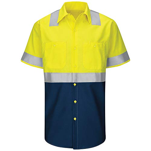 Red Kap Men's Hi-Vis SS Colorblock Ripstop Work Shirt-Type R, Class 2, Fluorescent Yellow/Green/Navy, Medium