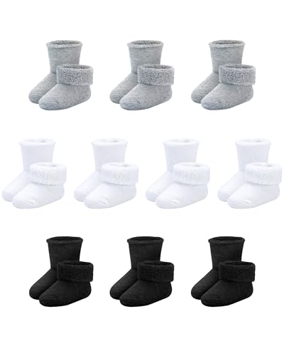 Baby Socks Newborn Terry Cotton Ankle Crew Socks 0-3 Months Baby Preemie Turn Cuff Infant Sock 10 Pairs(3Black+4White+3Grey)