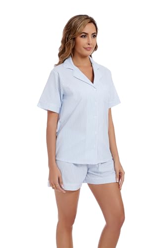 Image of LUBOT 100% Cotton Pajamas for Women 2 Piece PJ Set Poplin Woven Lightweight Ladies Button Short Sleeve Sleepwear S-XXL