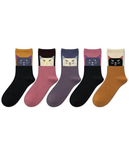 bony&katia Cute Cat Crew Socks for Women 5 Pairs Set - Soft Breathable Cotton - Gift Idea for Mothers Day (US Numeric 8 10.5 Regular Regular)