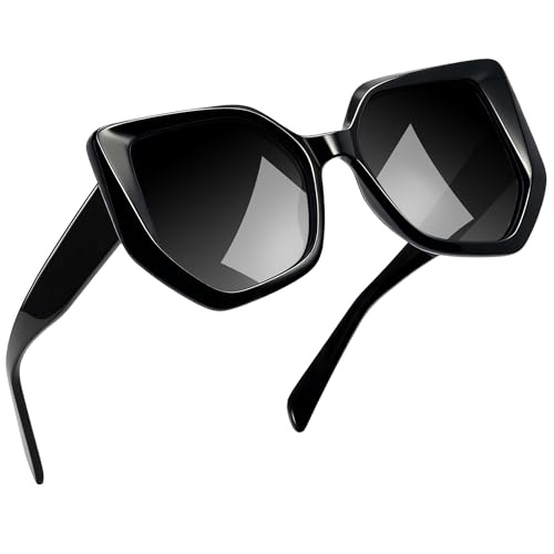 Joopin Hexagon Oversized Sunglasses Womens Acetate Sun Glasses Polarized UV Protection Irregular Ladies Shades (Black)