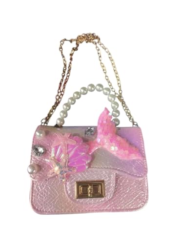 Bolsa Feminina Rosa Sereia com Detalhes em Pérolas e Glitter – Alça de Corrente Dourada – Estilo Fashion e Criativo