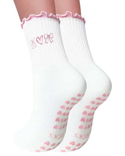 Image of 3 Pairs Pilates Socks with Grips for Women Non Slip Grip Ruffle Yoga Ankle Grippy Socks