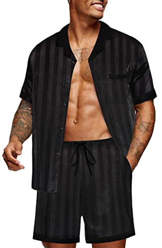 Ekouaer Men Satin Silk Pajamas Set with Pockets Sleepwear Shorts Satin Summer Loungewear 2 Piece Button Down Set S-3XL