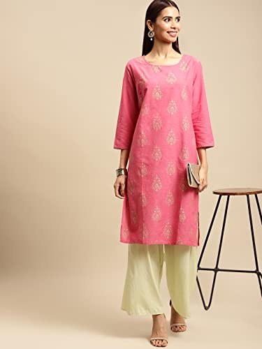 Image of rangita Pink Cotton Knee Length Printed Straight Kurti for Women | Kurta for Women
