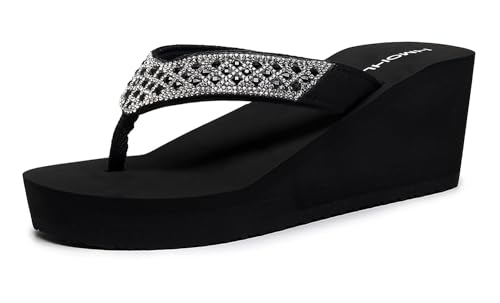 Womens Platform Flip Flops Rhinestone Wedge Sandal Soft Cushion Beach Thong Sandals