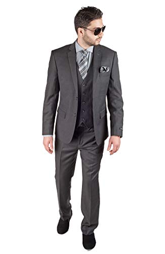 Slim Fit 3 Piece Vested Solid Dark Charcoal Grey Suit 2 Button Notch Lapel AZAR